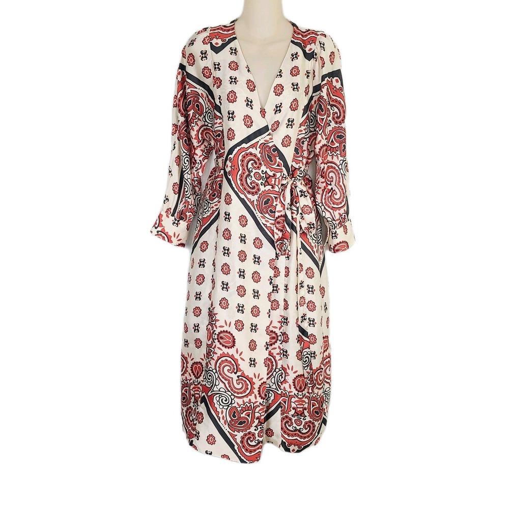 Zara Red Cream Floral Paisley Silky Wrap Dress Side Tie Midi Boho Chic S